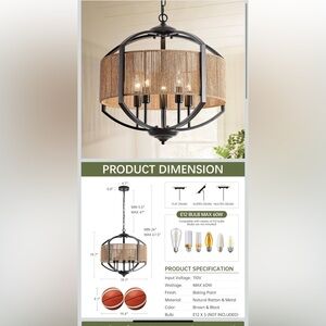 19.7" Rattan Chandelier 5-Light Modern Farmhouse Black